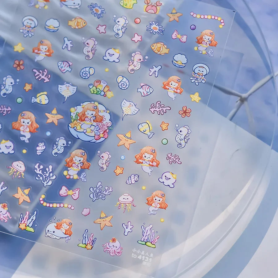 Colorful Bagful Jellyfish Bubbles Swimming Rings Rainbow Stars Ocean Starfish Self Adhesive 5D Nail Art Sticker Manicure Decal