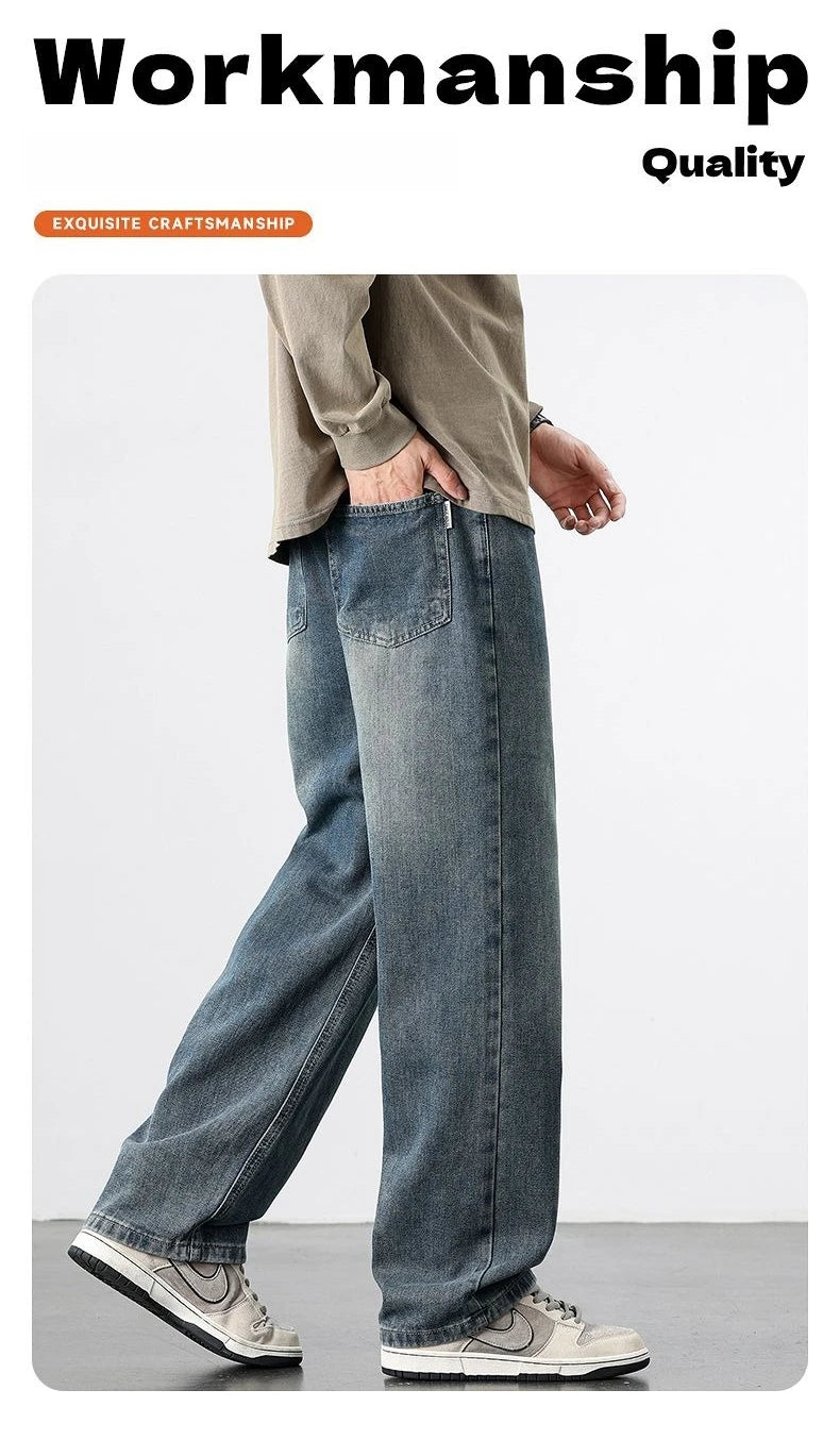 Spring Autumn New Men's Straight Vintage Fit Jeans Casual Trousers High Quality Male Korean Fashion Baggy Wide Leg Denim Pants