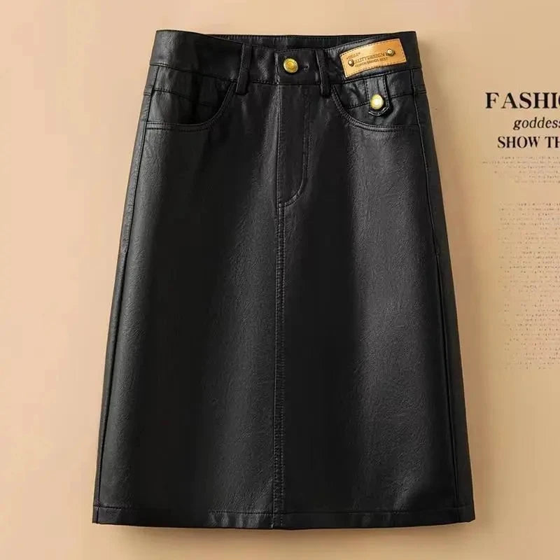 Spring Autumn Winter Leather Skirt Women New Fashion Black Brown High Waist PU A-Line Skirts Large Size S-5XL Female Midi Skirts