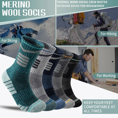 5 Pairs Merino Wool Hiking Reflective Socks Outdoor Night Men&Women Trail Running Cycling Trekking Moisture Wicking Cushion Crew Socks