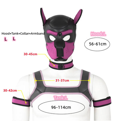 XL Large Size Puppy Cosplay Neoprene Fetish Hood Mask Kit with Chest Strap Collar Armband Sex Costumes for Bdsm Slave Role Play