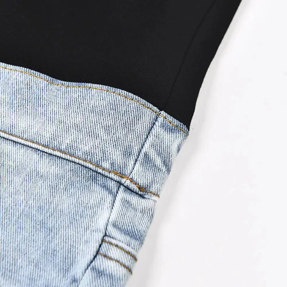 LGRQ Denim Patchwork Pants For Women Fashion New High Waist Contrast Color Belt Straight Pant Female 2026 Summer New 17A2013H