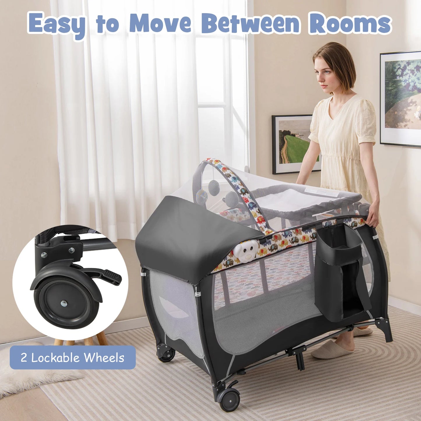 4-in-1 Baby Cot, Portable Cot Travel Cot with Foldable Mattress, Changing Table, Canopy, Play Arch & Music Box