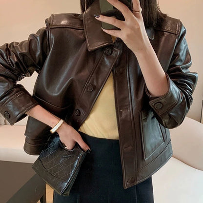 British Style Lapel Genuine Leather Jackets for Women Fashion Single-breasted Pockets Female Brown Casual Short Sheepskin Jacket