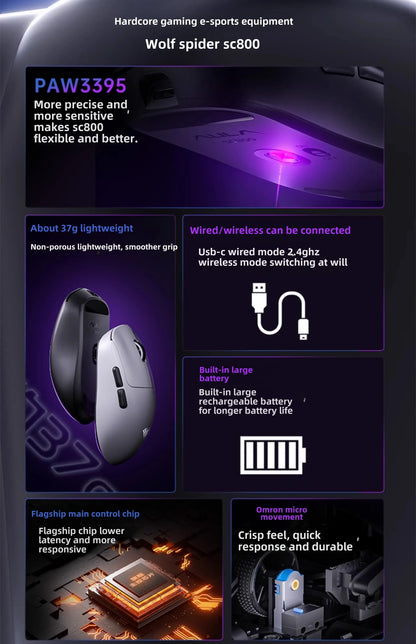 AULA SC800 Gaming Mouse USB-C Wired/2.4G 37g Lightweight 8K Paw3395 Sensor Customized Mice PC E-Sports Gamer Accessories Gifts