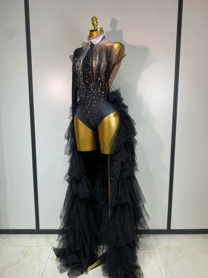2025 New Black Perspective Bodysuit Women Sexy Singer Dance Stage Performance Costume Evening Party Birthday Photo Shoot Outfit