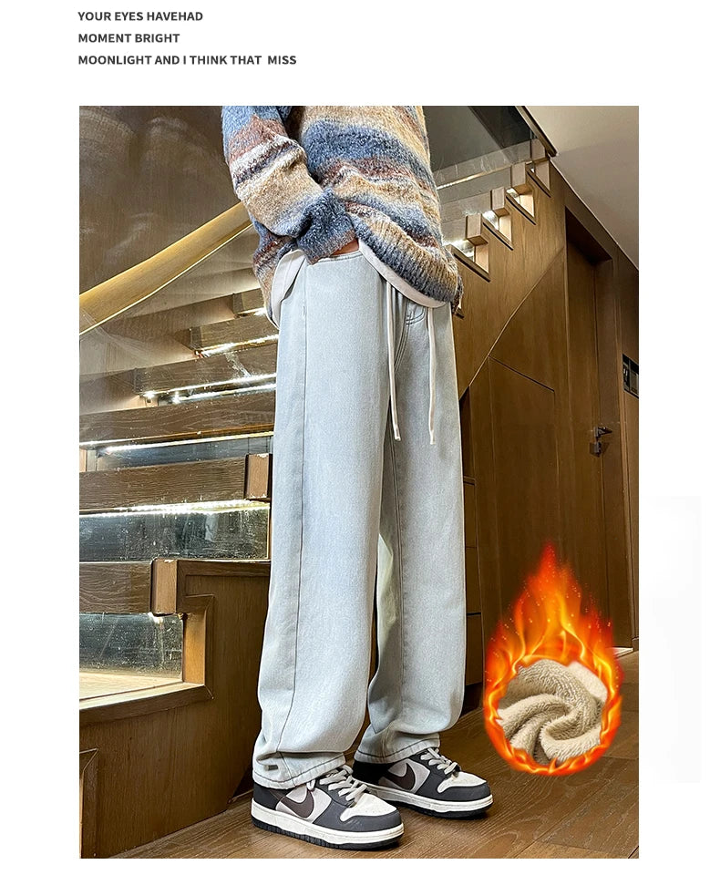Men's Thicke Fleece Straight Jeans Winter Velvet Thermal Nostalgia Washing Denim Pants Streetwear Elastic Waist Loose Trousers