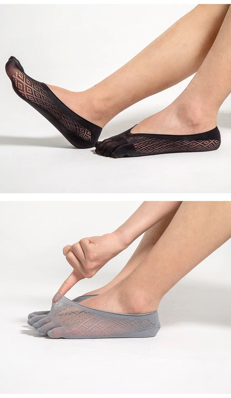 1/5 Pairs Summer Men's Invisible No Show Five Finger Socks Thin Velvet Non-Slip Mesh Breathable Elastic Solid Silk Soft