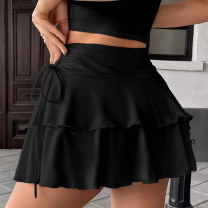 Women's Ruffle Mini Skirt 2026 Summer Fashion Solid High Waist Short Skirts Lace Up Slim Outfit Clothes Casual Chic Streetwear