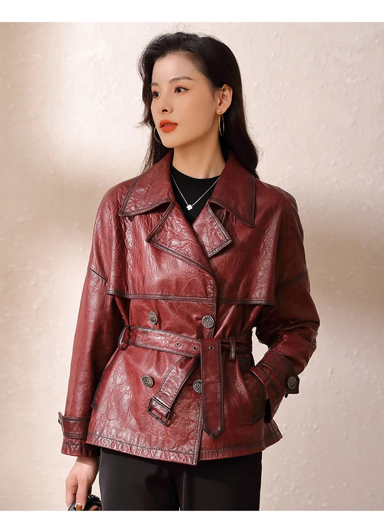 Roupas Femininas Autumn Women Suit Collar Lace-up Waist Oil Wax Sheepskin Gabardina Mujer Vintage Red Short Leather Trench Coat