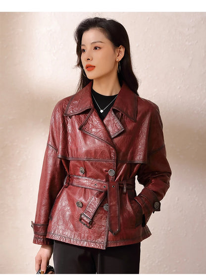 Roupas Femininas Autumn Women Suit Collar Lace-up Waist Oil Wax Sheepskin Gabardina Mujer Vintage Red Short Leather Trench Coat