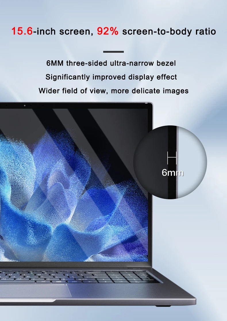 Lightweight 15.6" Laptop Intel 6500Y 32GB RAM 2TB SSD 5000mAh Windows 11 Backlit Keyboard Fingerprint for Business & Gaming