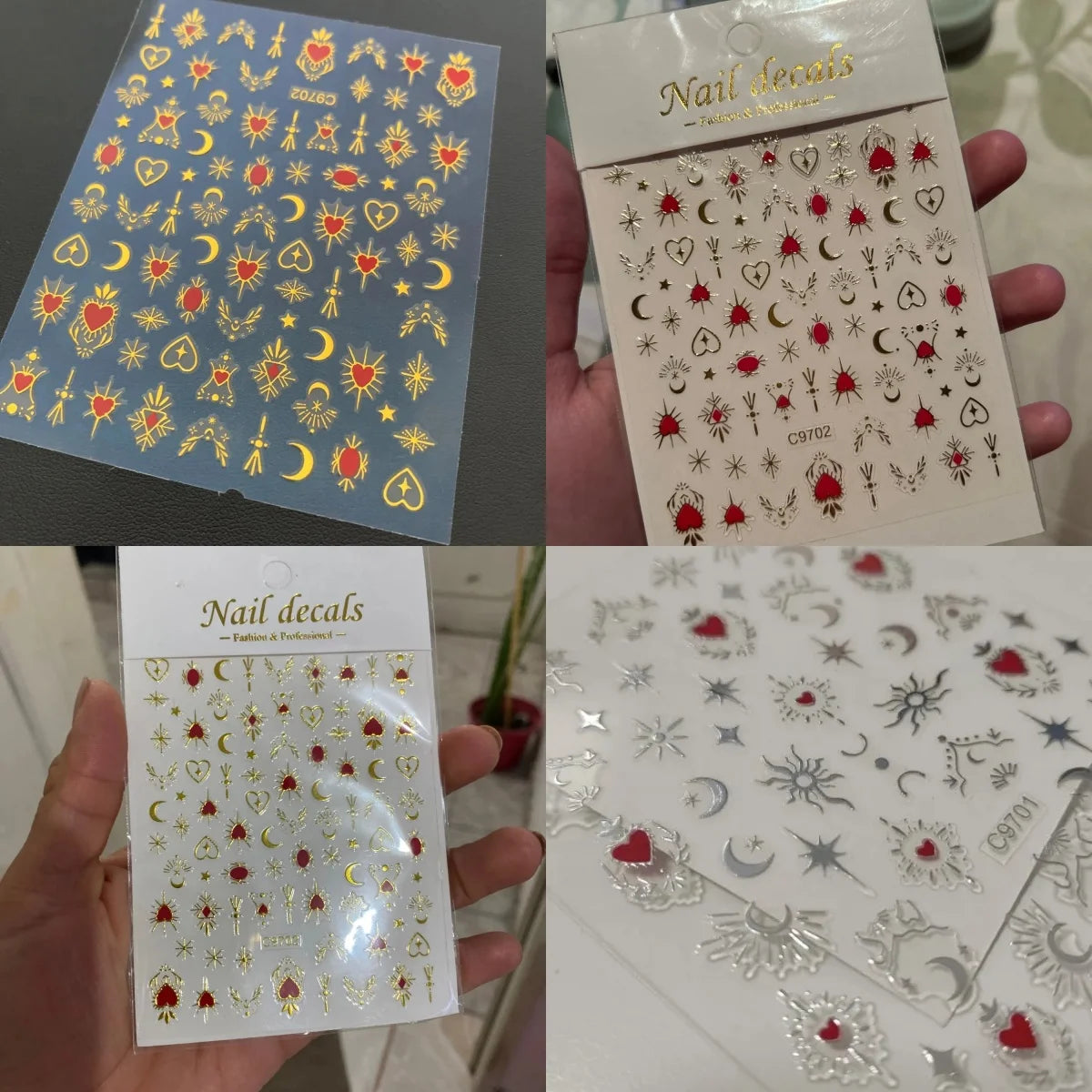 1pcs 3D Bronzing Gold Love Heart Nail Art Stickers Y2K Holographic Stars Sun Starlight DIY Nail Decals Heart Manicure Decoration
