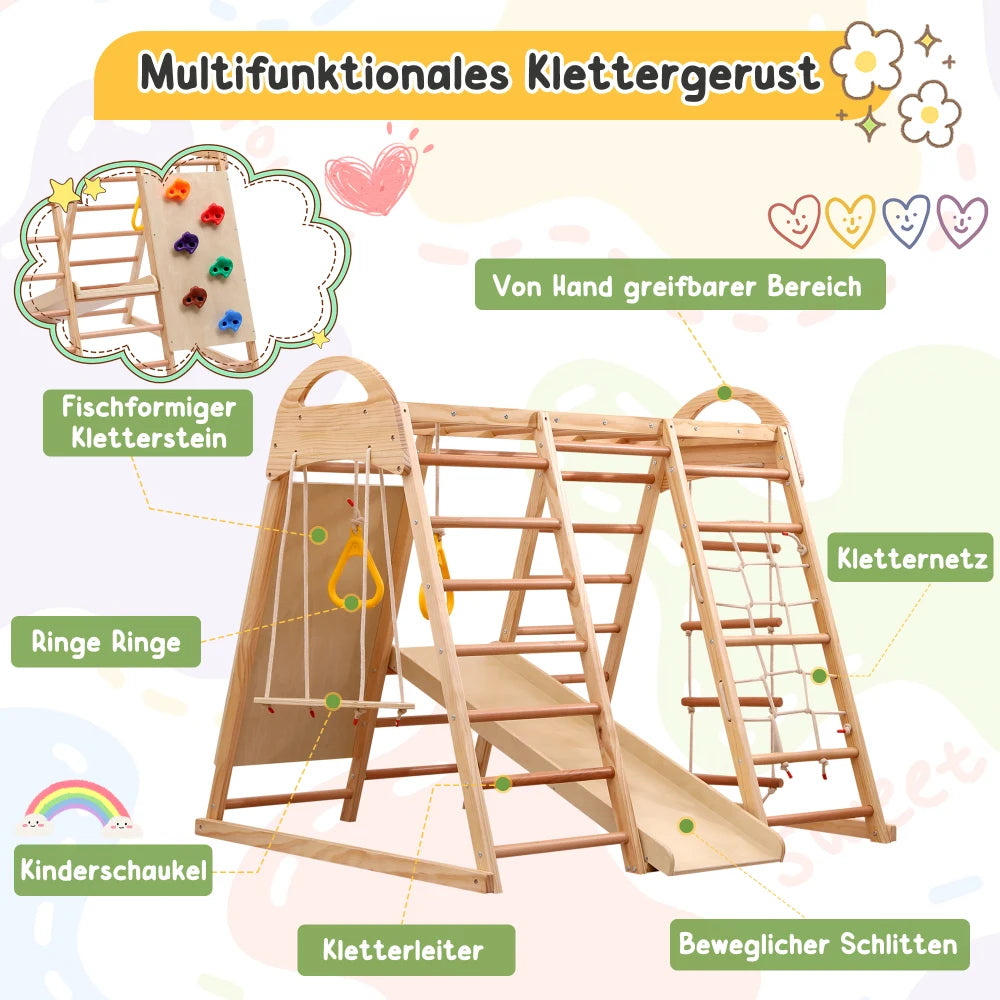 7-in-1 Climbing Scaffold, Include Swing, Swing Rings, Climbing Ladder, Climbing Board, Climbing Net, Slide, for Children's Room