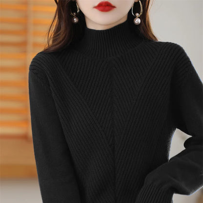 Women 100% Cotton Knit Sweater Half-high Collar Stripe Pullover Autumn Winter Thickened Bottoming Clothing Casual Knitted Tops