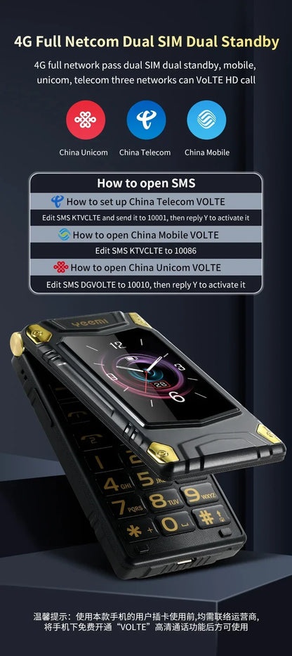YeeMI M7+ 4G Rugged Feature Phone Big Button Full Band Flip Phone Dual SIM Dual Screen Cellphone For Old Man 6800mAh Big Battery