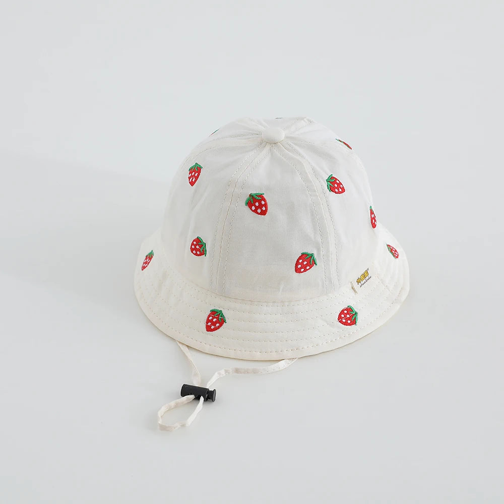 Boys Cute Sun Bucket Cap 48-50cm Spring Summer New Girl Fisherman Hat with Strawberry Embroidery Fashion Kids Toddler Outfit Cap