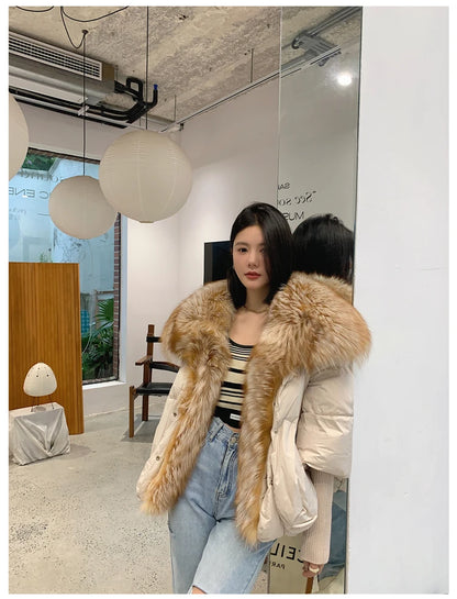 Oversized Winter Warm Real Fox Fur Collar Black Down Coat Women Puffer Outerwear Jackets 2024 Autumn Winter