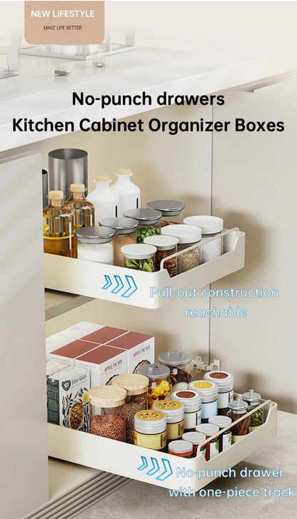 Kitchen Storage Box with Sliding Rail Pull-out Cabinet Storage Rack Spice Pantry Shelves Drawer Kitchen Organizer Basket
