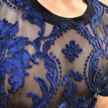Sexy Round Neck T Shirt Soft Velvet Slim Men Clothing Nightclub Short-sleeved Top Quality Transparent Floral T Shirt See Through