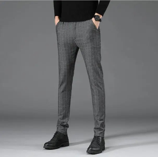 2026 Black Pants Men Plaid Trousers, Spring / Autumn New Fashion Slim Pants Men Gray Stripe Slacks 28-38 Pantalones Hombre