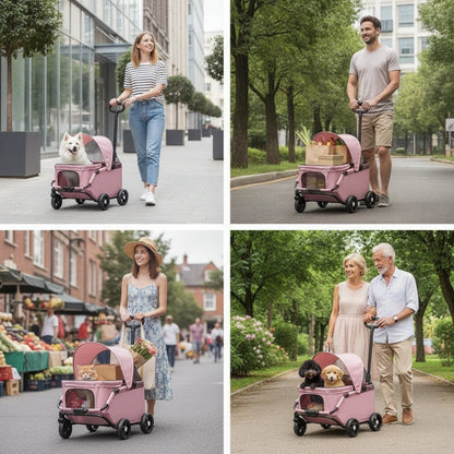 Four-Wheel Pet Stroller Compact Dog Stroller with Canopy Easy-to-Maneuver Roomy for Dogs, Outdoor Walks, Travel