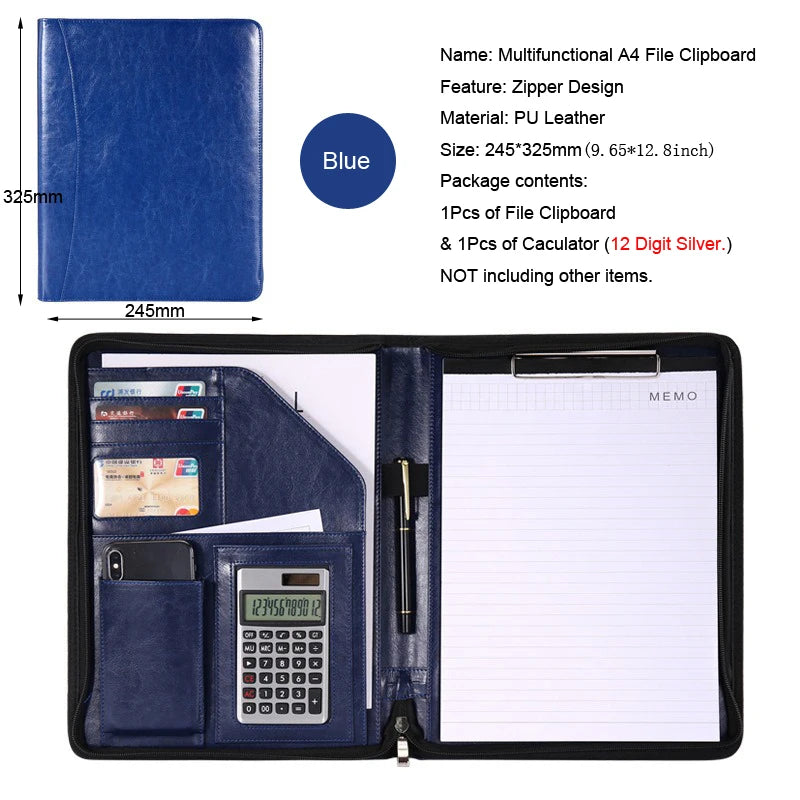Executive Business A4 Leather Portfolio Folder Clipboard for Zippered Desk Organizer Document Briefcase Calculator for Office