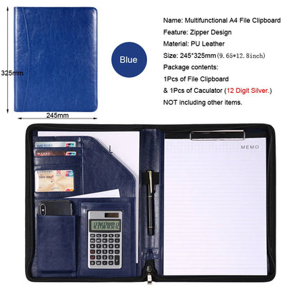 Executive Business A4 Leather Portfolio Folder Clipboard for Zippered Desk Organizer Document Briefcase Calculator for Office