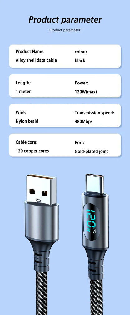 120W Cable Dual Digital Display Cable PD Fast Charging Highspeed Data Transfer USB Type C To Type-C Cable For Phone Macbook iPad