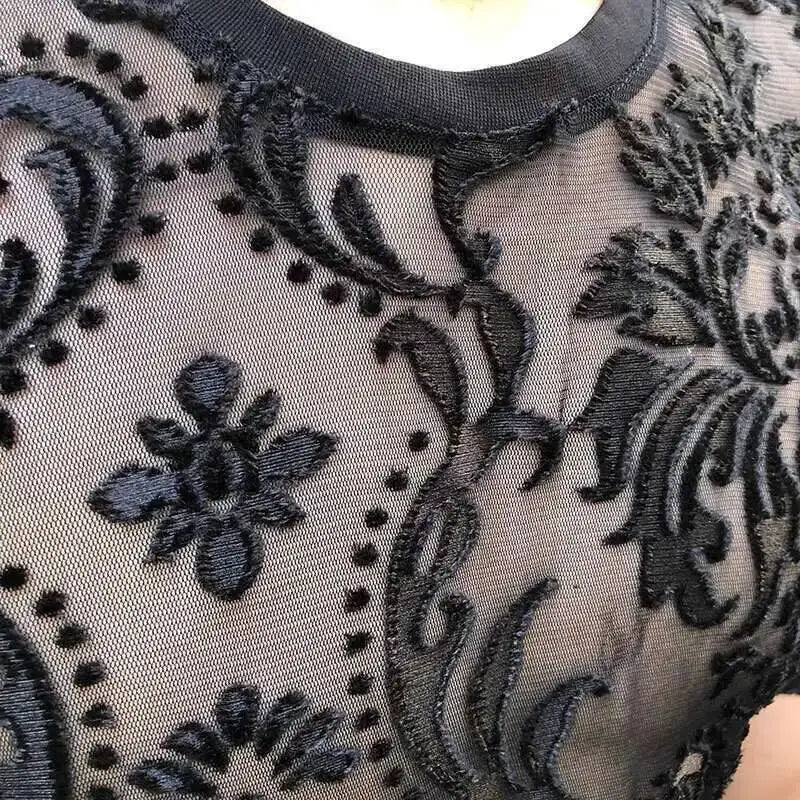 Sexy Round Neck T Shirt Soft Velvet Slim Men Clothing Nightclub Short-sleeved Top Quality Transparent Floral T Shirt See Through