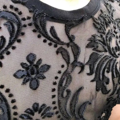 Sexy Round Neck T Shirt Soft Velvet Slim Men Clothing Nightclub Short-sleeved Top Quality Transparent Floral T Shirt See Through