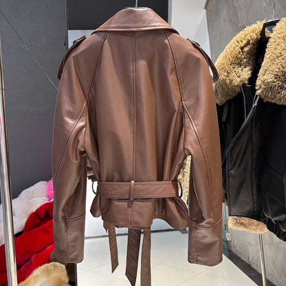 YOLOAgain Vintage Grain Leather Jacket Women Real Leather Sheepskin Jacket With Belt