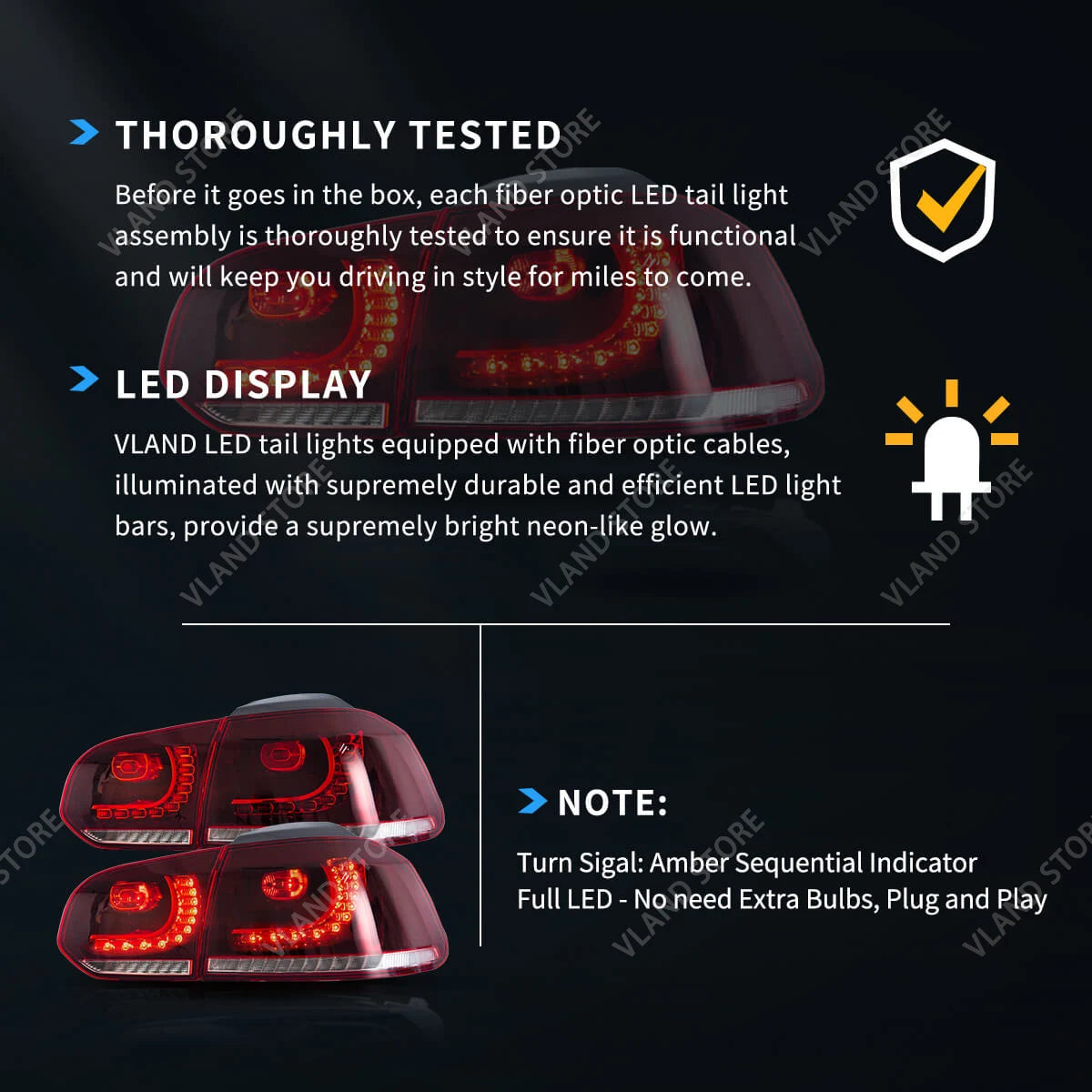 08-14 Golf MK6 Hatchback VLAND LED Tail Lights E-Mark w/ Amber Sequential Turn Signal Rear Lamps Assembly Set of 2