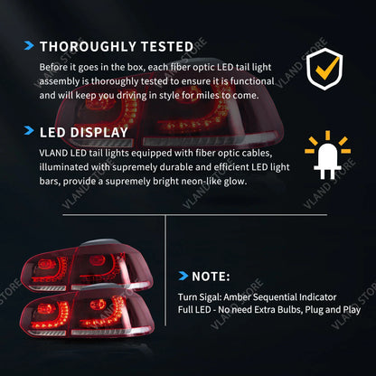 08-14 Golf MK6 Hatchback VLAND LED Tail Lights E-Mark w/ Amber Sequential Turn Signal Rear Lamps Assembly Set of 2