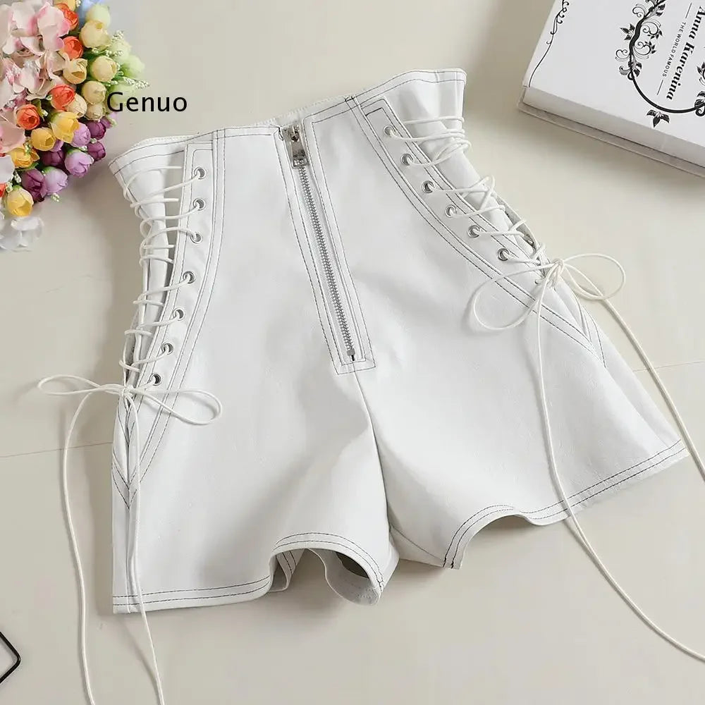 Autumn Women PU Shorts Tie High Waist Shorts Female Casual Black Shorts Ladies All Match Wide leg Shorts Short Pants