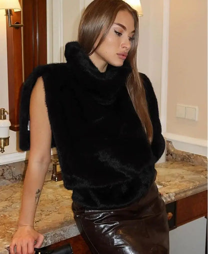Autumn Winter Turtleneck Eco Mink Fur Tank Tops Sleeveless Jacket Coat New Fashion Faux Fur Sable Vest Crop Top