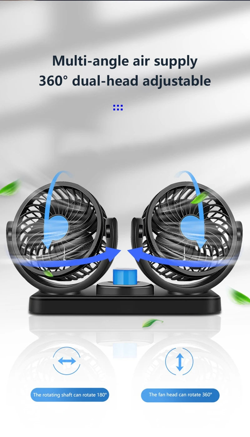 Car Fan 360° Adjustable 2 Head Air Fan Automotive Electric Fan USB/12V/24V 2 Speeds Car Silent Fan For Home Desk