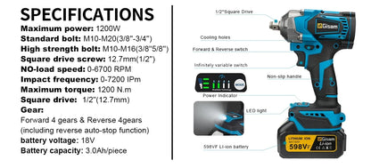 Gisam 1200N.M Brushless Electric Impact Wrench 1/2 inch Screwdriver Cordless Electric Wrench Tools for Makita 18V Battery Pins