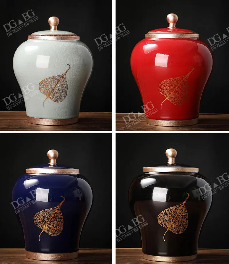 Human Cremation Urns for Ashes, Memorial Ash Holder, Keepsake Souvenirs Gift, Chinese-Style Leaf Ceramic Storage Decoration