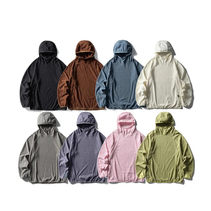 Unisex Lightweight Cloud Velvet Hooded Quick-Dry Shirt for Outdoor Sports: Classic Hood, Elastic Cuffs & Brand Logo Details
