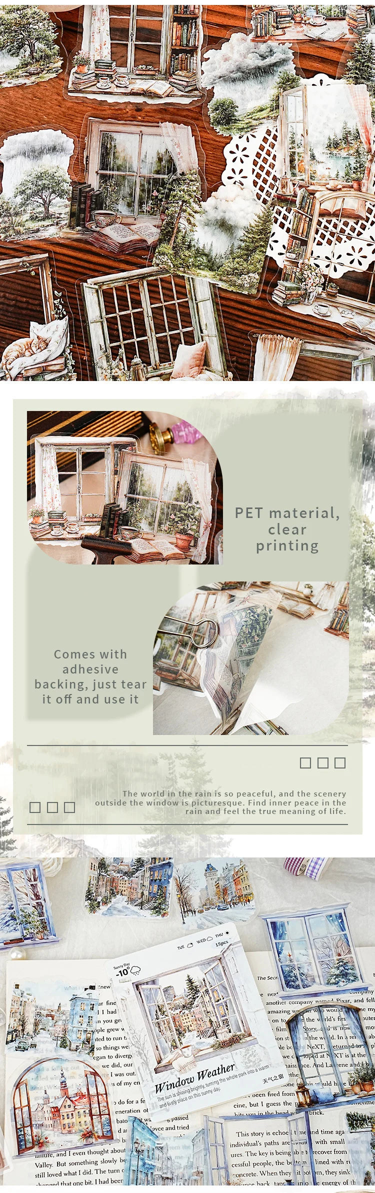 JIANWU Weather Window Series Vintage Plant Flower Landscape Material Collage PET Sticker Creative DIY Journal Stationery