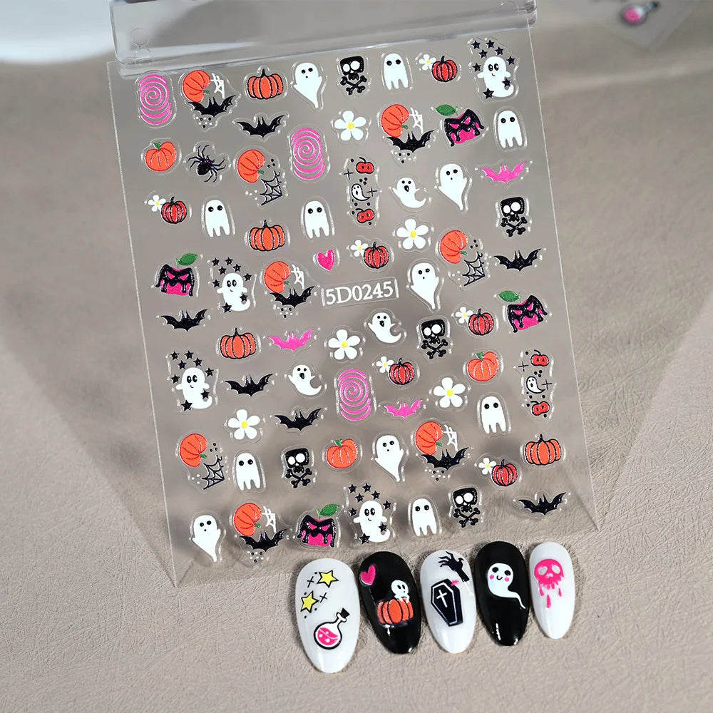 1sheet 5D Halloween Nail Stickers Pink/Green/Black Cartoon Pattern Nail Art Slider DIY For Sweet Cool Girl Cute Nail Decoration