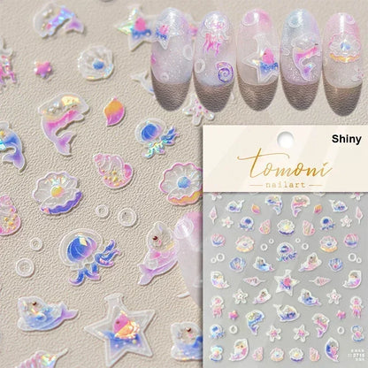 Colorful Bagful Jellyfish Bubbles Swimming Rings Rainbow Stars Ocean Starfish Self Adhesive 5D Nail Art Sticker Manicure Decal