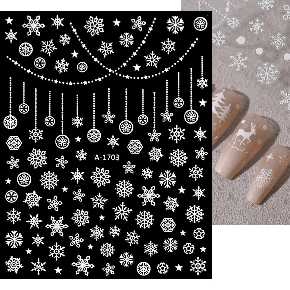 1sheet 3D White Snowflakes Nail Stickers for Christmas Winter Snow Flower Self-adhesive Nail Art Decals DIY Manicure Decorations