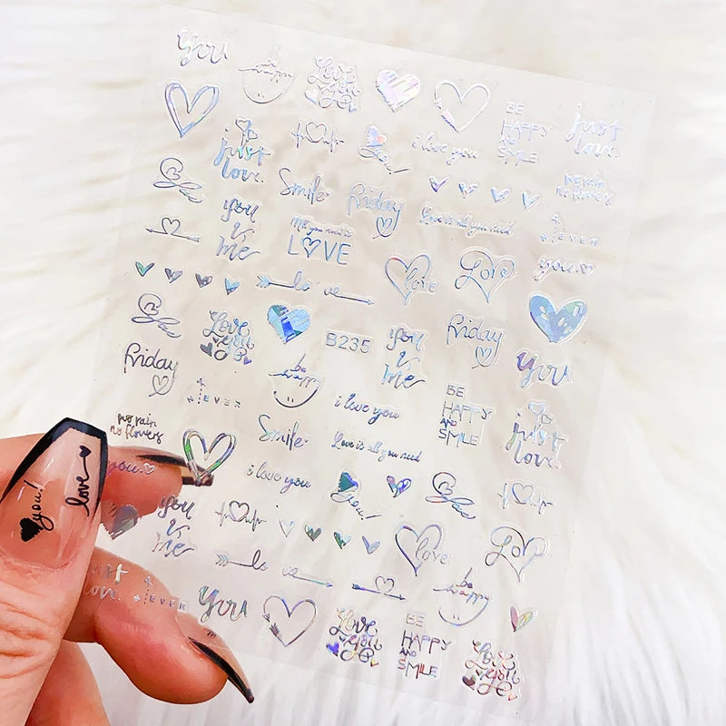 6Pcs/Pack Laser Gold Silver 3D Nail Art Stickers Love Heart Letter Image Nail Decoration Ins Style Sticker DIY Foils Accessories