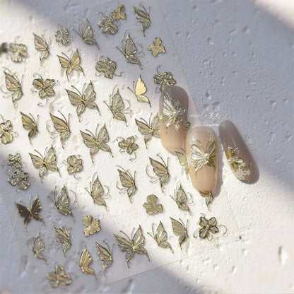 Shiny Jelly Butterfly Charming Golden Gradient Bowknot 5D Self Adhesive Nail Art Sticker Flower Petal Rhinestone Manicure Decals