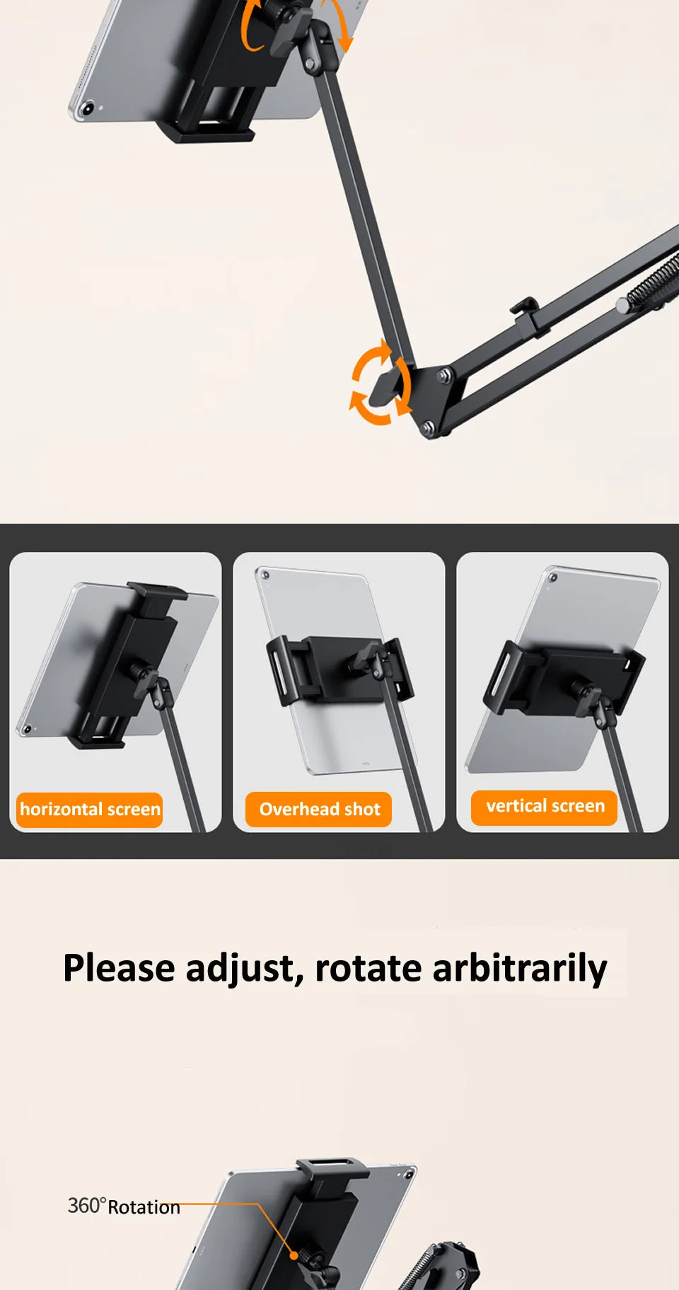 360Degree Bed Tablet Stand for 4-12.9inches Mobile Phones Tablets Lazy Arm Bed Desk Tablet Mount Support for iPad Mini Free Clip