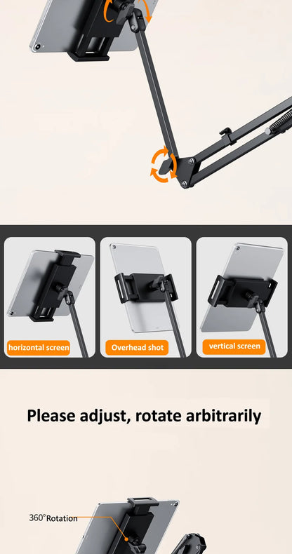360Degree Bed Tablet Stand for 4-12.9inches Mobile Phones Tablets Lazy Arm Bed Desk Tablet Mount Support for iPad Mini Free Clip
