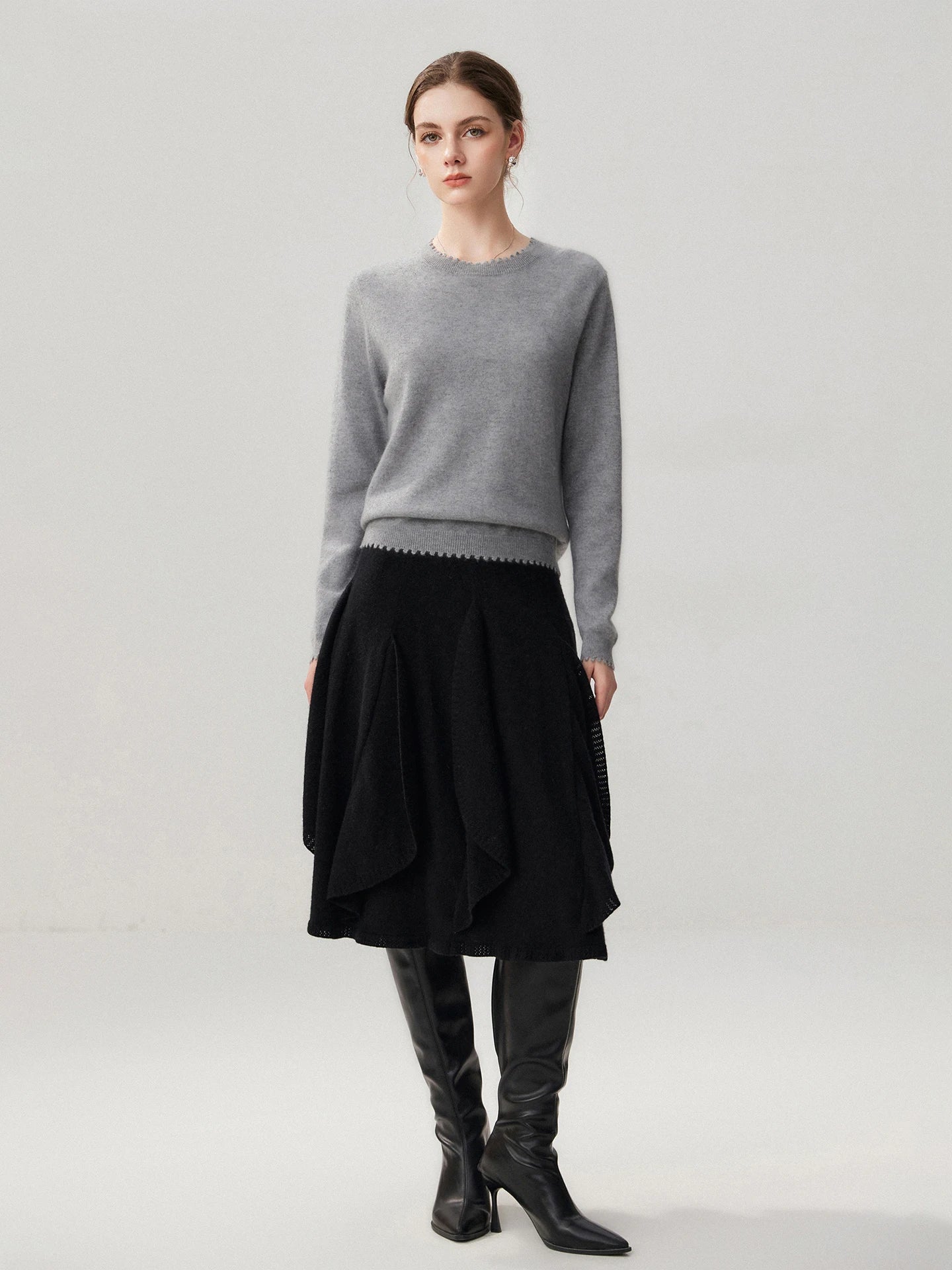 French 100% Pure Cashmere Skirt Ruffle Irregular A-line Soild Midi Sirt Autumn Winter Women Elegant Pleated  Knit Dress Fashion