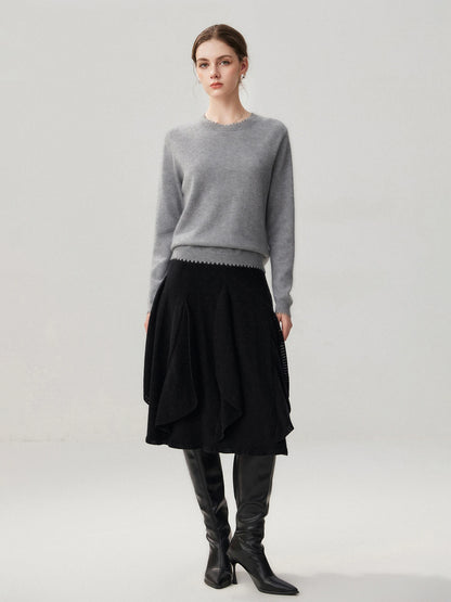 French 100% Pure Cashmere Skirt Ruffle Irregular A-line Soild Midi Sirt Autumn Winter Women Elegant Pleated  Knit Dress Fashion